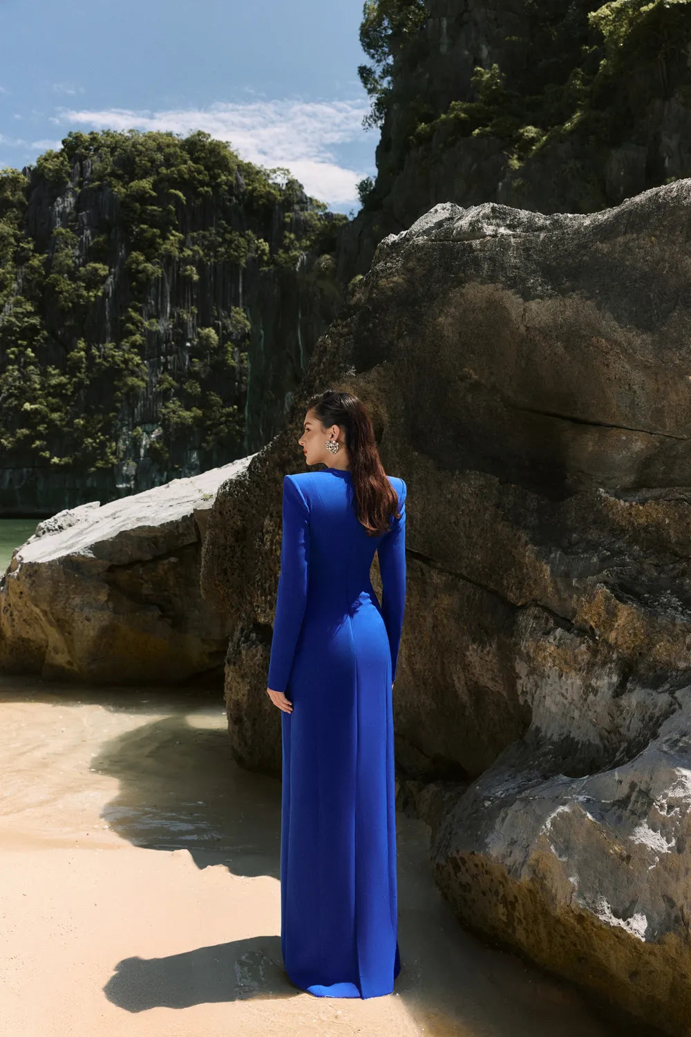 Padded Shoulder Crystal Embellished Straight Dress